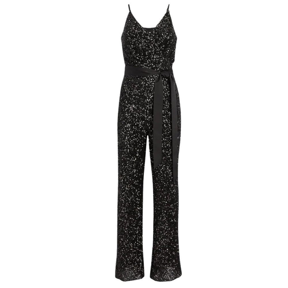 Express Womens Sequin V Neck Tie Waist Wide Leg Jumpsuit Size XS Black - Picture 16 of 16